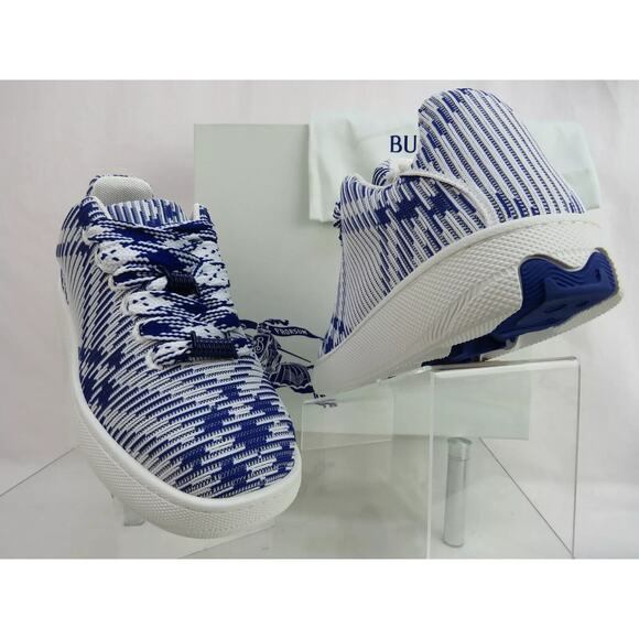 $ 900 NIB BURBERRY BOX BLUE CHECK CANVAS LOGO PLATFORM SNEAKERS 13.5 US 46.5 IT - Picture 7 of 12